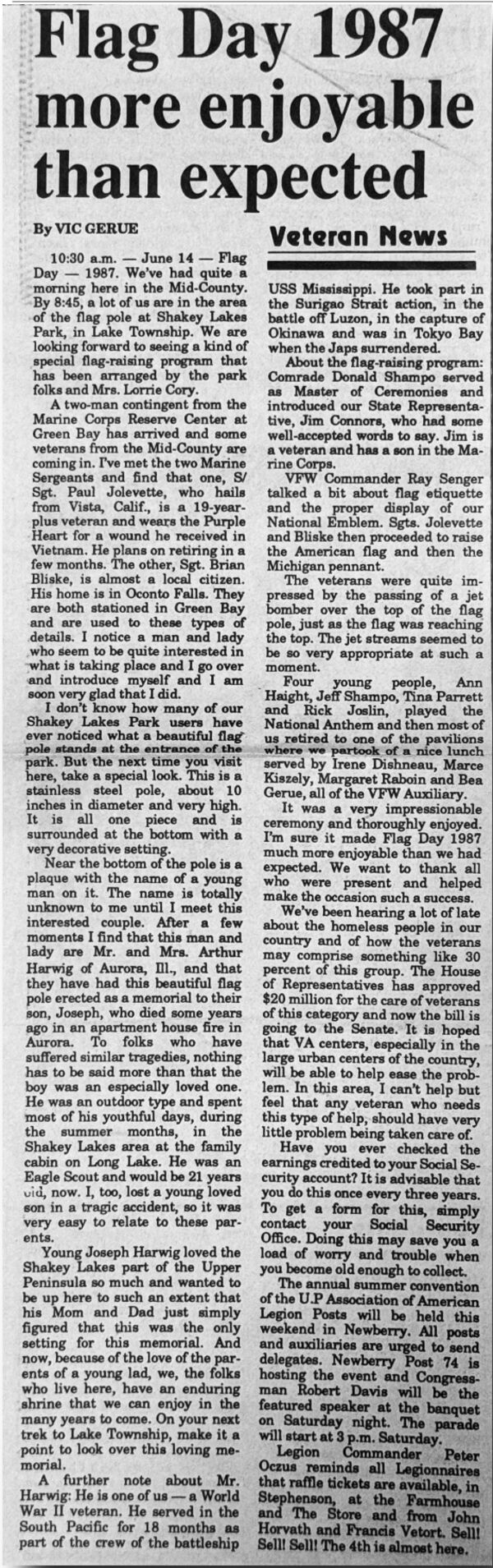 Newspaper article about Joe Harwig